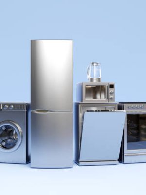 Realistic mockup of a washing machine, dishwasher, stove and refrigerator on a blue background. 3d Household appliances for household chores.